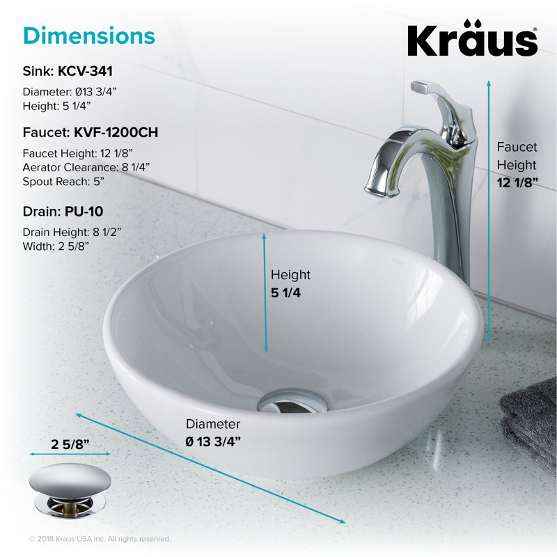 Elavo 14-inch White Ceramic Round Vessel Sink with Chrome Faucet