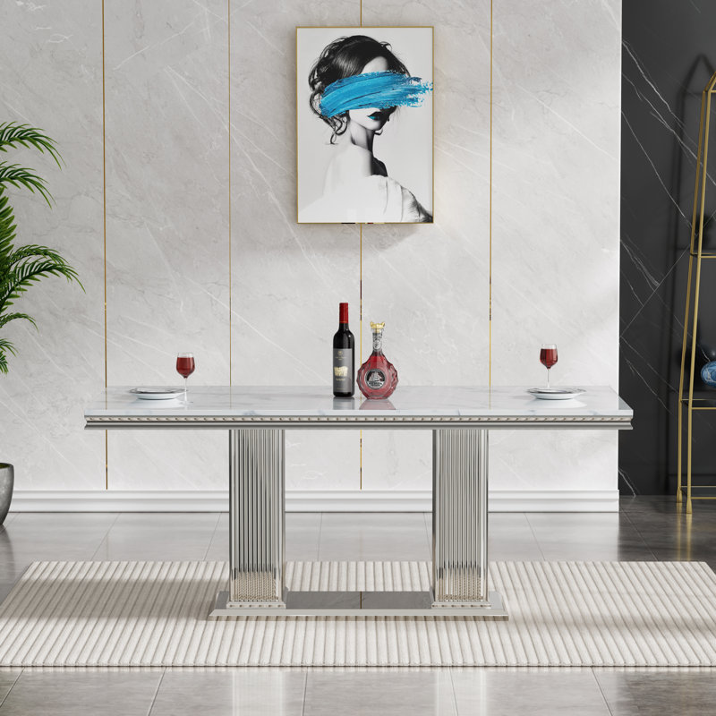 68.11" Marble Dining Table for 6-8, Modern Rectangular Kitchen Table with Faux Marble Top, Modern Dining Room Table with Stainless Steel Base for Kitchen Dining Room