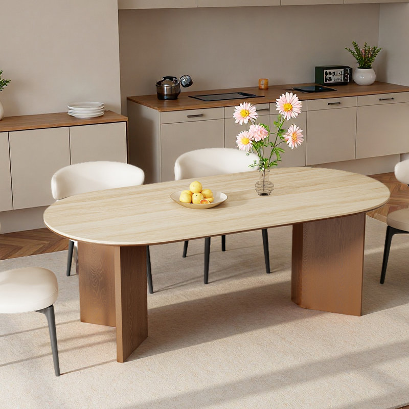 Table de salle à manger moderne 71 "ovale avec pieds en bois brun double 4-6, pierre frittée beige et table de salle à manger en bois de qualité