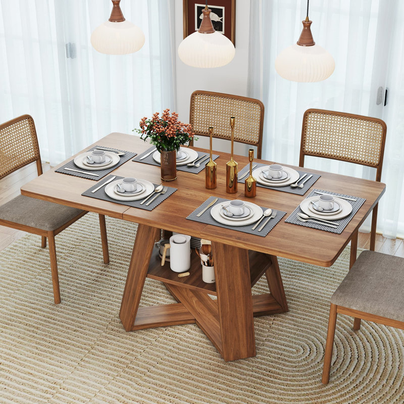 47 Inch - 67 Inch Extendable Dining Table For 4-6, Rectangle Kitchen Table With Removable Leaves And Storage, Walnut
