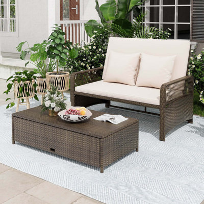 Patio Rattan Daybed Wicker Loveseat Sofa With Multifunctional Ottoman
