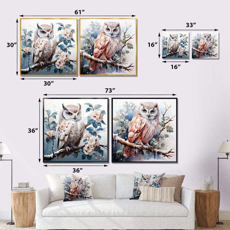 Hibou Blooms Perch I - ensemble de 2 reproductions d'art sur toile, Cadre blanc, H 36 po x l 73 po x P 1,5 po