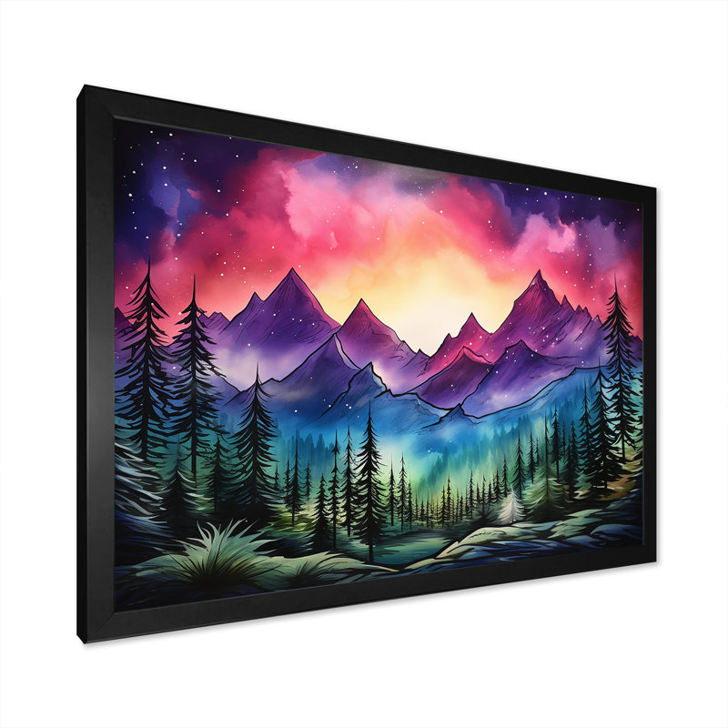 «Mauve Aurora Borealis Mountains II - Winter Mountains», art mural, Cadre d'angle fermé noir, H 12 po x l 20 po x P 1 po
