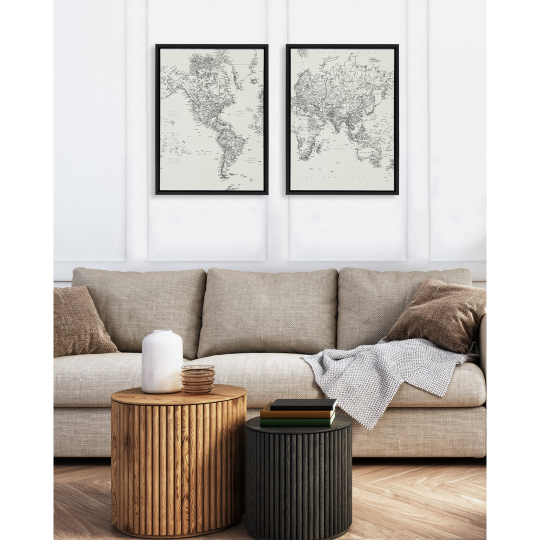 Drumheller Sylvie Vintage Black And White World Map Framed Canvas Set By The Creative Bunch Studio 2 Piece 18X24 Gray Lark Manor™ 