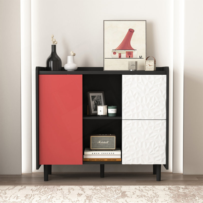 Modern Sideboard Buffet Cabinet With Unique Panel Styling, 2 Drawers, And 2 Open Compartments For Kitchen And Dining Room