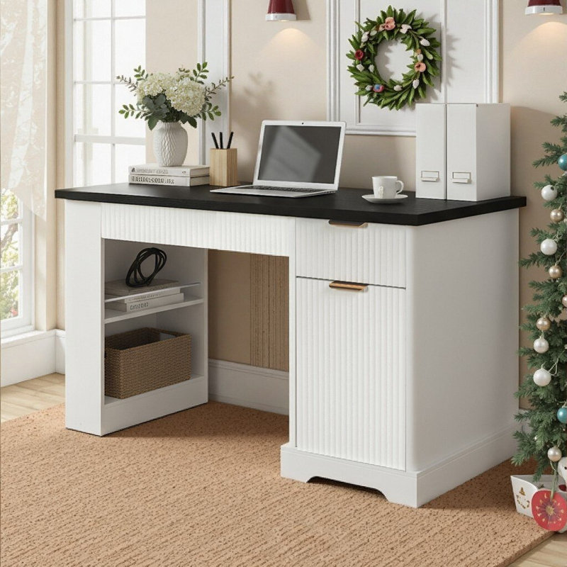 ZARENIQ 55" Modern Fluted Computer Desk with Power Outlet, Storage Cabinet, Drawers, Pegboard, Built-In Shelves & Keyboard Tray