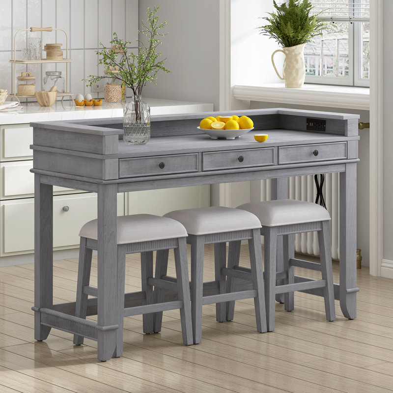Ensemble de table de salle à manger Trexm 4 pièces avec 3 tabourets rembourrés et table multifonctionnelle avec 3 tiroirs, gris