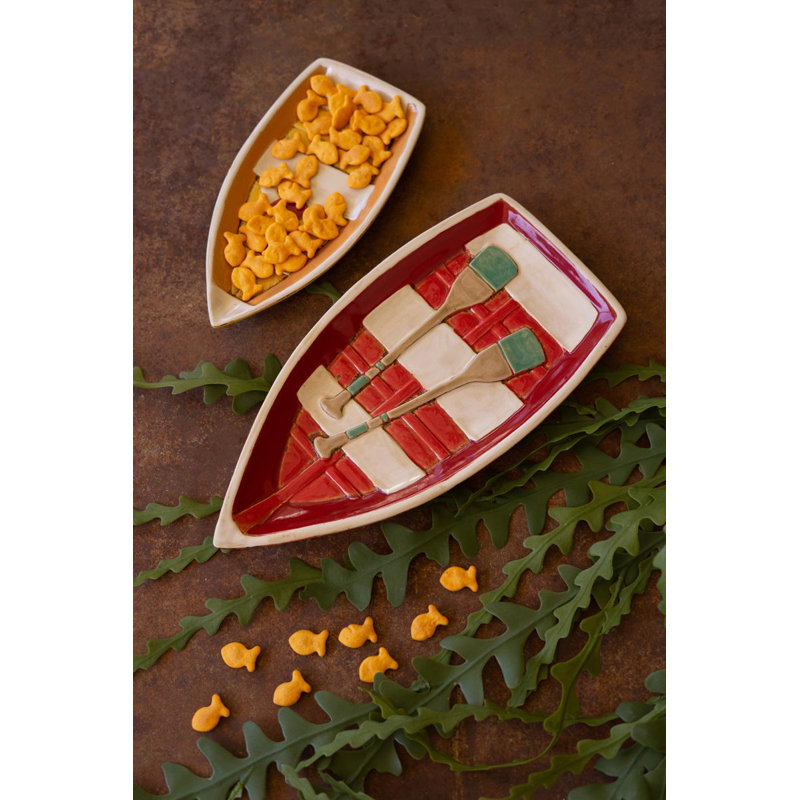  Set of Two Ceramic Serving Platters Boat Design Decorative Serveware for Tabletop Decor Multicolor Glazed Finish