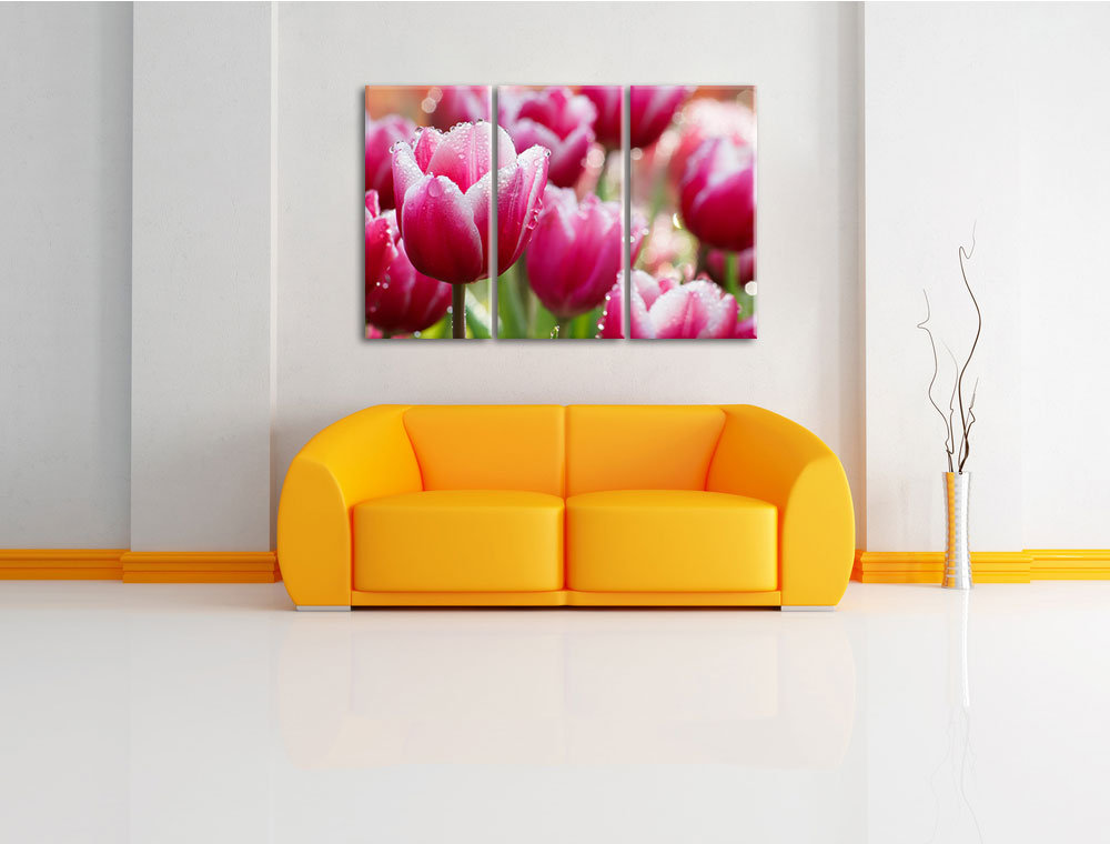 3-tlg. Leinwandbilder-Set „Pinke Tulpen mit Morgentau“, Fotodruck