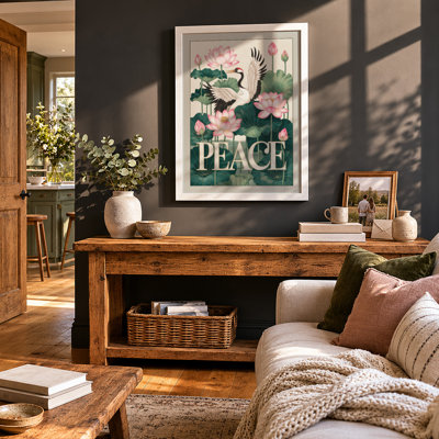 Crane Among Lotus Japandi - Framed Print