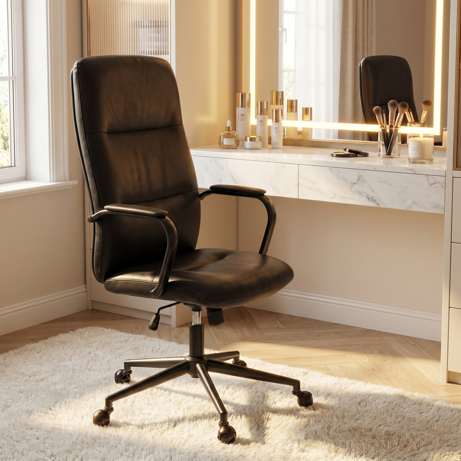 Mid-century Faux Leather High Back Office Chair – Softly Padded, Height Adjustable, with Armrests – Versatile Desk Chair for Home Office, Study, or Vanity Makeup Room