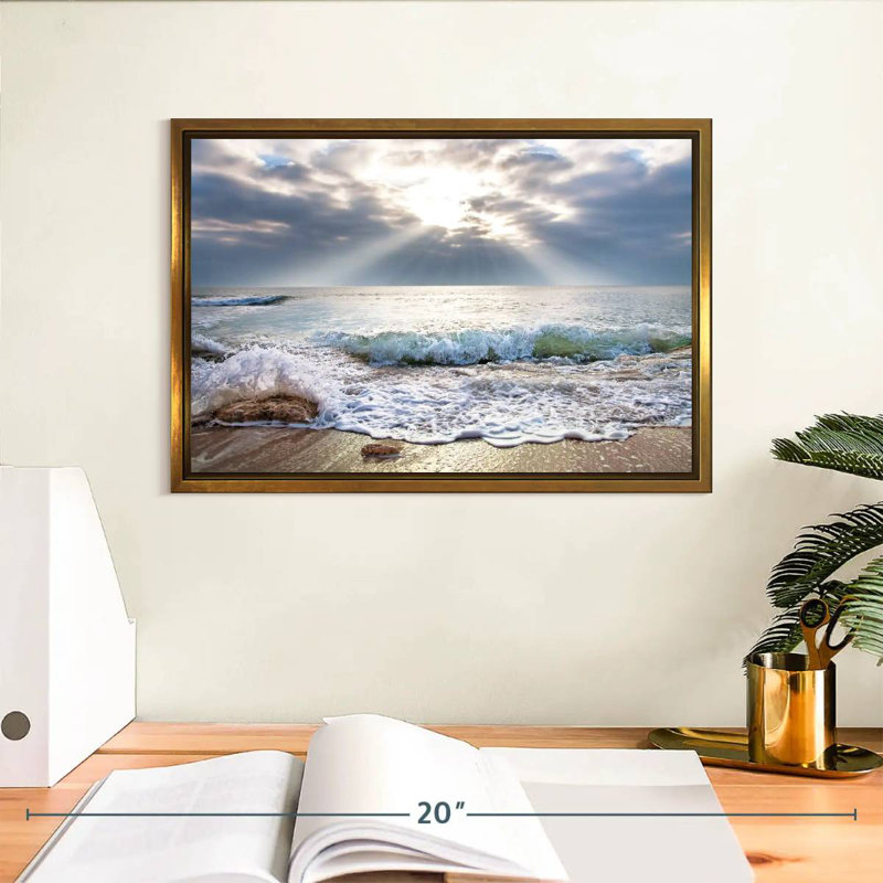 L'océan au lever du soleil, Cadre flottant doré, 13 po x 9 po