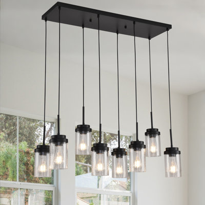 Éclairage d'îlot de cuisine à 8 lumières, luminaires suspendus linéaires noirs avec abat-jour en verre graine, luminaire suspendu de salle à manger de lustre moderne pour la cuisine