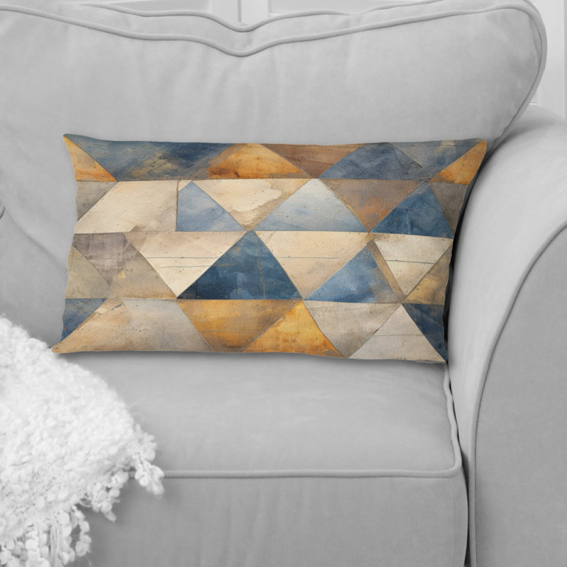 Coussin géométrique en polyester beige et bleu à triangles