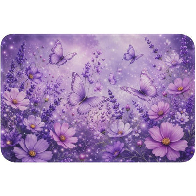 Purple Butterfly Floral Flannel Floor Mat, Non Slip Washable Rug for Kitchen Entryway Home Decor, 17 x 47 in