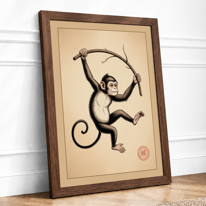 Leaping Chimpanzee Japandi - Framed Print, A2 - 59.4 x 42.0 cm, Walnut