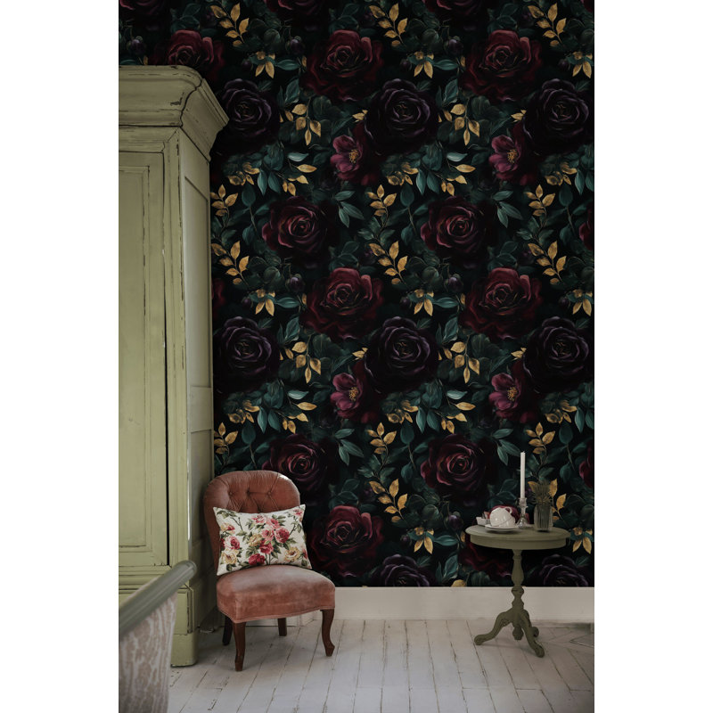 Papier peint floral foncé avec rose et feuille pelez et collez luxe décoration murale décor botanique Moody