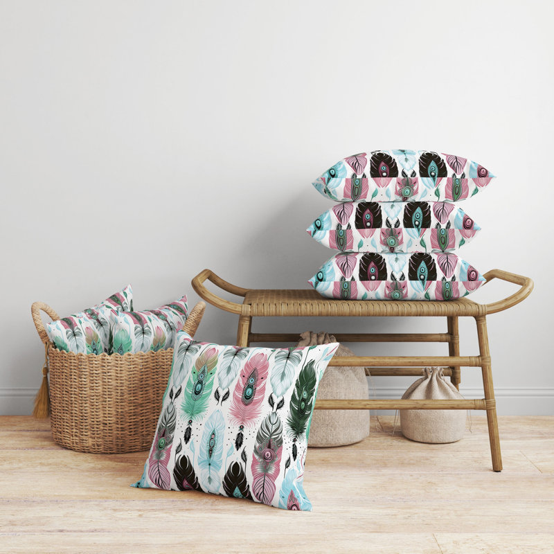 Vibrant Feather Design Green and Pink Square Throw Pillow