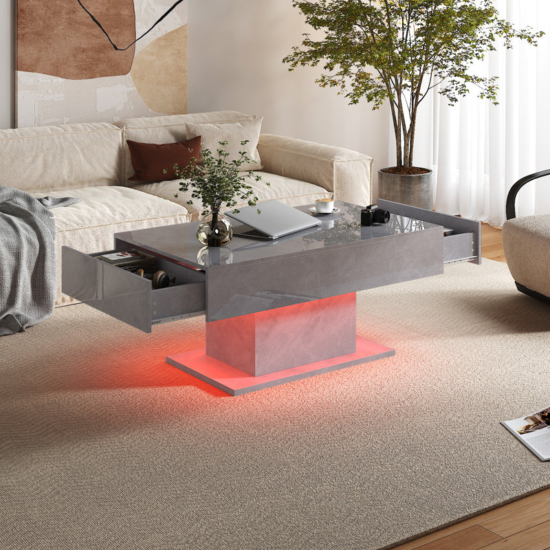 Modern LED Coffee Table High Gloss Living Room Table with 2 Storage Drawers, Gray, 19" H x 21" L x 43.3" W