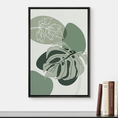«Signature», reproduction d'art sur toile encadrée Monstera et feuille de forêt, plantes florales, art numérique, art moderne, tropical, coloré, frais pour le salon, la chambre à coucher, le bureau - 16 po x 24 po naturel