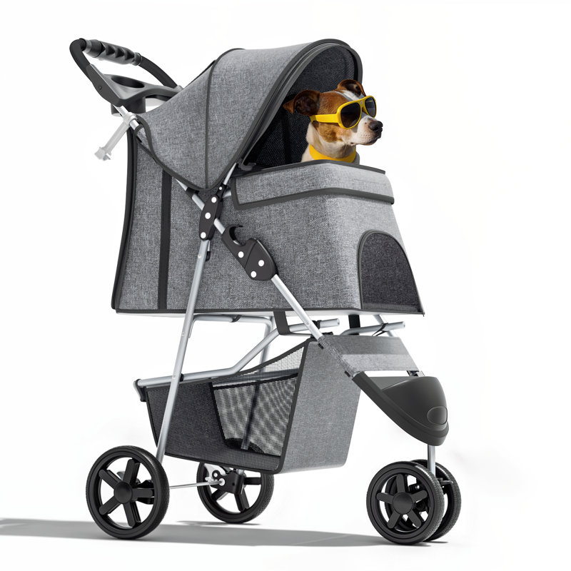 Foldable Pet Dog and Cat Stroller with Adjustable Canopy Storage Basket and Cup Holder for Small and Medium Pets, Gray