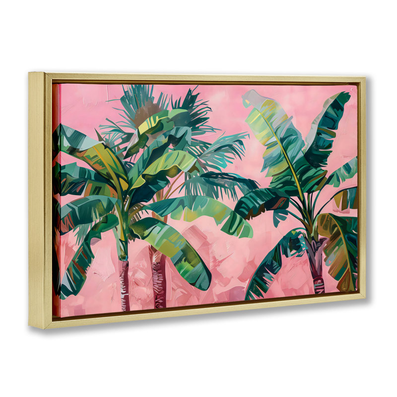 Dessus de palmiers sur cadre flottant rose, design par LSR Design Studio, H 21 po x l 31 po, Cadre flottant métallique doré