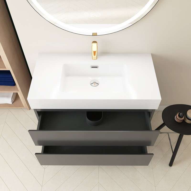 Meuble-lavabo simple 36 po avec plateau Semyah, Blanc, Gris