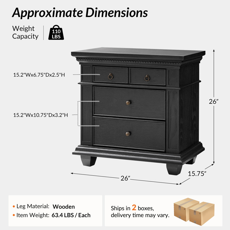 Auguste Transitional 26"W 3-Drawer Solid Wood End Table with Charging Station and Simple Assembly(Set of 2), Black