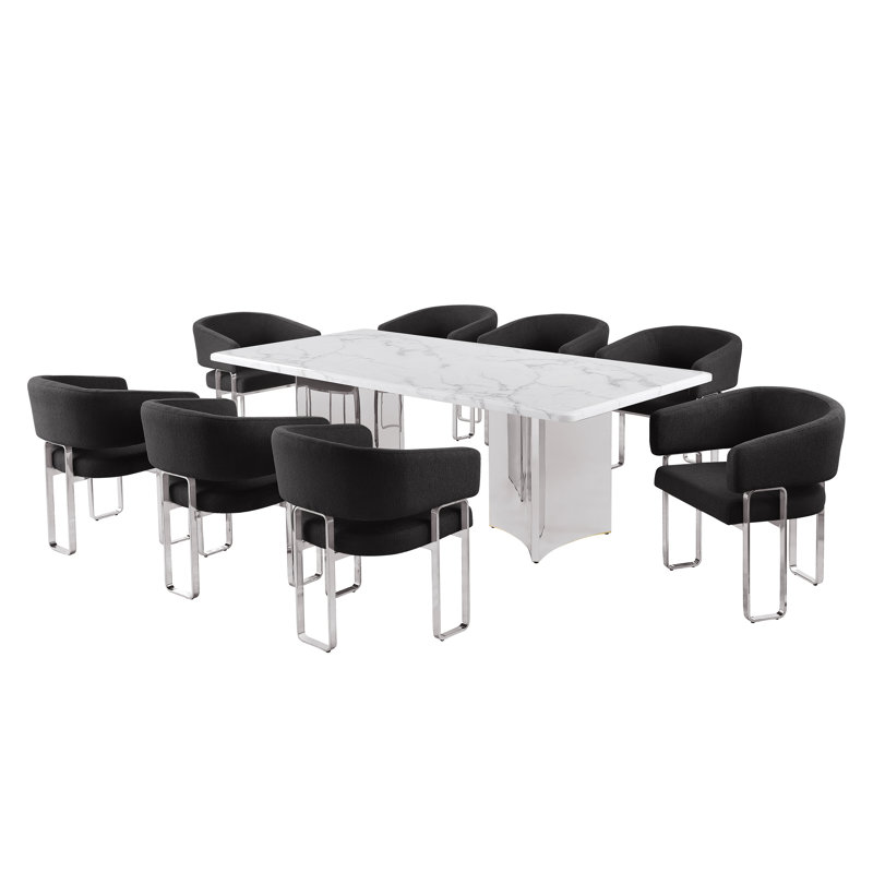 Ensemble de salle à manger Grand White, Noir, Argent argent, 87 po L x 42 po l (9 pièces)