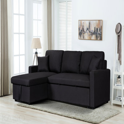 Canapé-lit modulaire réversible en tissu de lin noir de 82 po avec méridienne de rangement