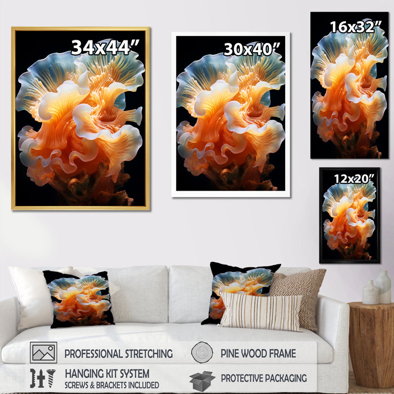 Anémone colorée, récif II - plage et océan, impressions sur toile, Cadre simple noir, H 32 po x l 24 po