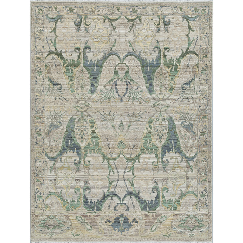 High-Quality Hand-Knotted Ivory And Beige Area Rug, Rectangle 12' x 15'