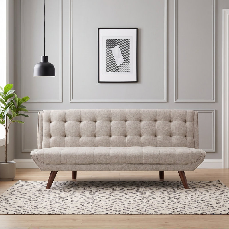 Canapé-lit convertible capitonné beige avec dossier réglable et pieds en bois