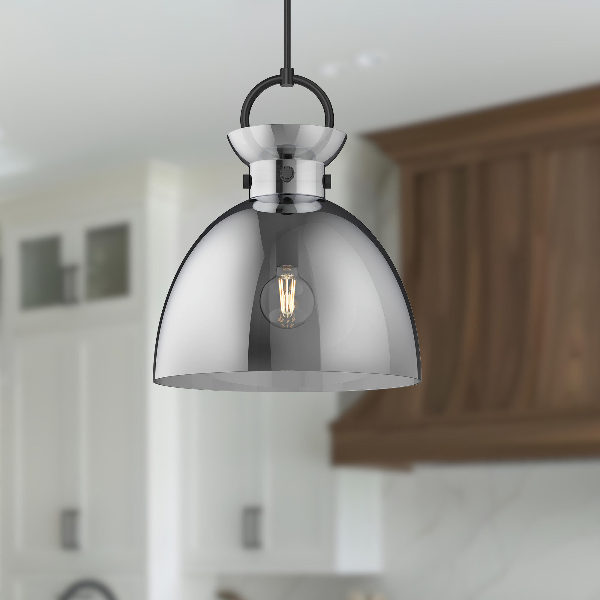 Tinka Single Light Glass Steel Pendant, Smoked, Matte Black, 21.75" H x 18" W x 18" D