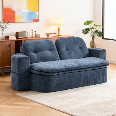 Dark Blue Convertible Foam-filled Floor With 2 Pillows, Corduroy Linen Fabric, No Assembly, Quick Unfold To Bed, Comfortable Cushions, Thoughtful Hidden Quilt, For Small Spaces Sleeper Modern Style,