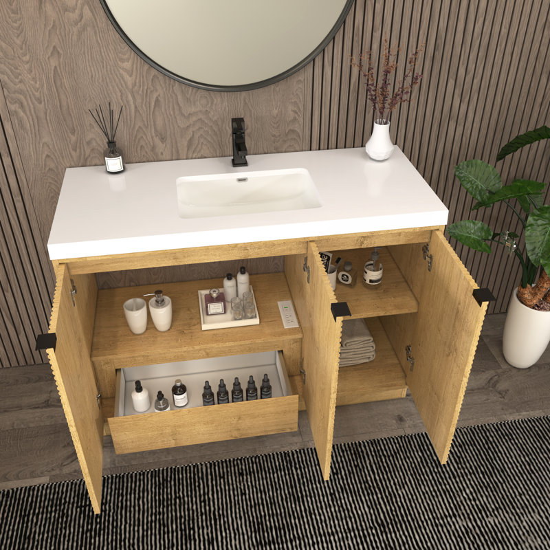 Meuble-lavabo autoportant avec lavabo en acrylique renforcé 41,7 po (portes à droite) et 47,2 po Monterey, Chêne, 42"