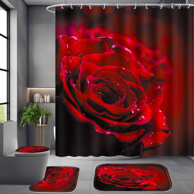 4 Pcs Shower Curtain Set, Red Rose Bathroom Set,Romantic Shower Curtain Sets With Rugs(Bath Mat,U Shape And Toilet Lid Cover Mat) And 12 Hooks