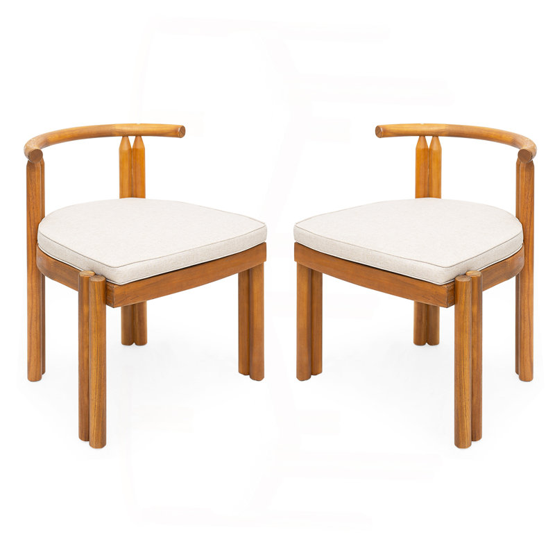 Cove Acacia Wood Armless Dining Chair, Teak Finish With Beige Cushion, Set Of 2