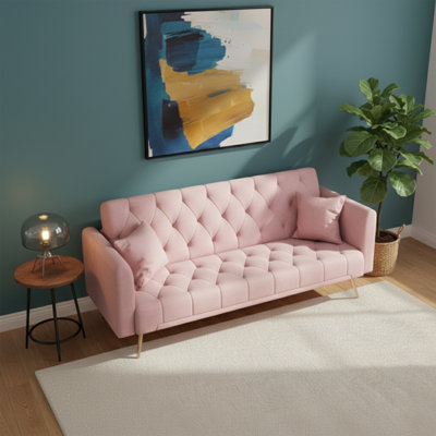 Canapé-lit 71 po en velours convertible avec pieds en métal doré, futon réglable à 3 positions avec 2 coussins, rose rétro