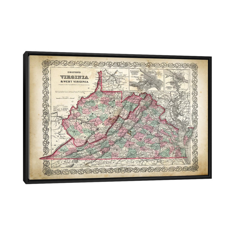«West Virginia Map», impression sur toile, H 18 po x l 26 po x P 1,5 po, Pas de tapis, Toile avec cadre noir