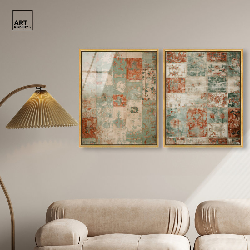 «Ghostly Damask Duo», reproduction d'art encadrée, ensemble d'art mural Boho par Art Remedy, cadre doré, 20 x 24