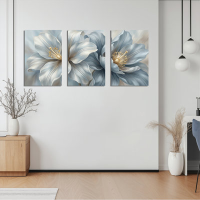 Blue Lily Floral Canvas Wrapped Wall Art Set Of 3 For Living Room Bedroom Decor