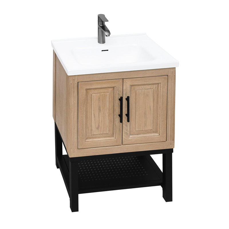 Armoire de salle de bain de 24 pouces avec base en métal, lavabo en céramique blanc sans couture et 2 armoires de rangement avec cadre de meuble-lavabo, tablette ouverte pour l'intérieur et l'extérieur