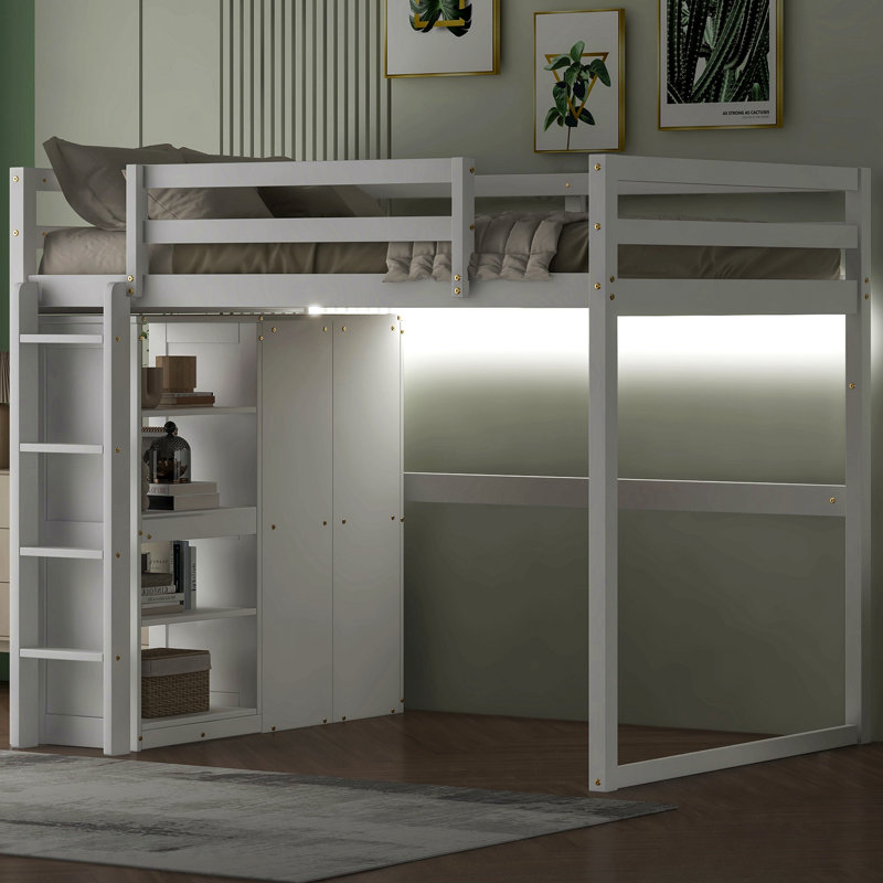 Lit mezzanine double en bois avec garde-robe intégré et tablettes de rangement, lumière DEL, blanc