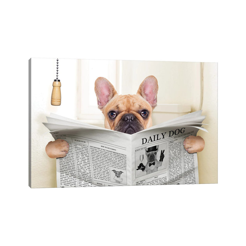 Dog On Toilet Seat Reading Newspaper V by Damedeeso - Print on Canvas, Wrapped Canvas, 45.72cm H x 66.04cm W x 3.81cm D