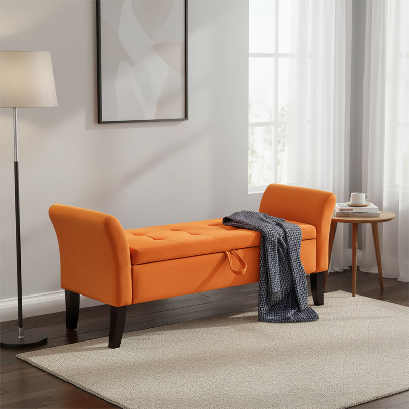 Banc de rangement rembourré en velours avec accoudoirs Modern Modern, Orange