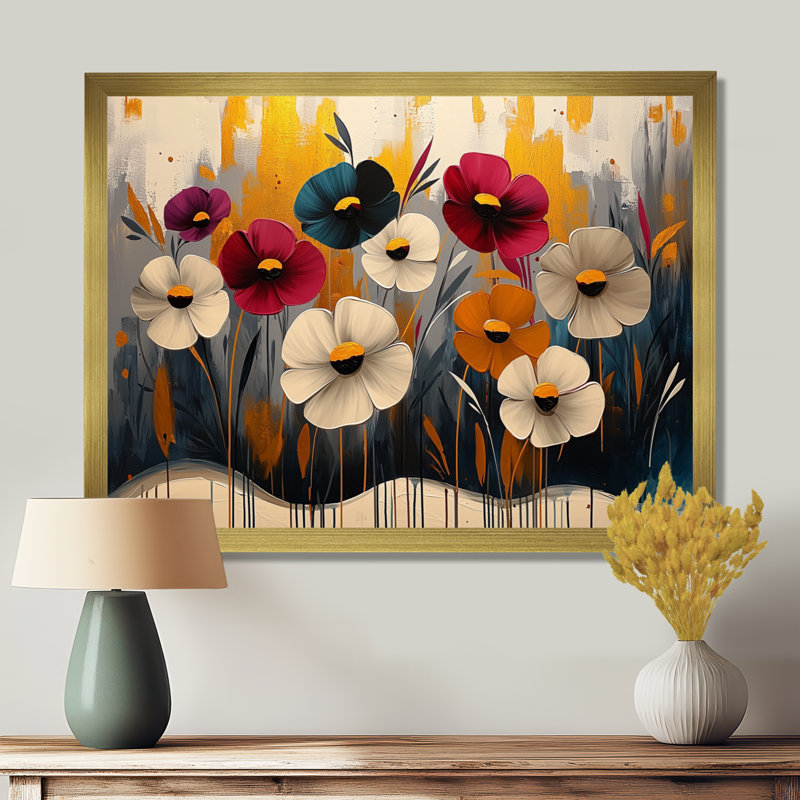 Art floral rouge et bleuet, H 16 po x l 32 po, Picture Framed, Doré