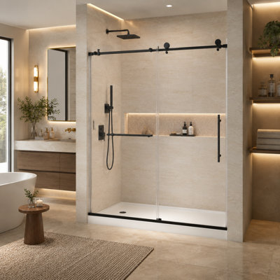 56-60" W x 76" H Frameless Shower Door with Round Bar Stabilizer, 1/4" 6mm Tempered Glass, Matte Black
