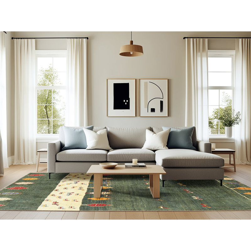 Tapis abstrait vert / beige Tora, Rectangle 6 pi x 9 pi