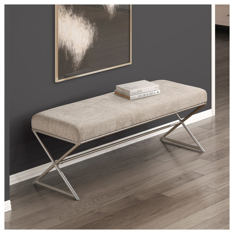 Banc de hall d'entrée contemporain rembourré avec assise en chenille taupe et structure en métal champagne